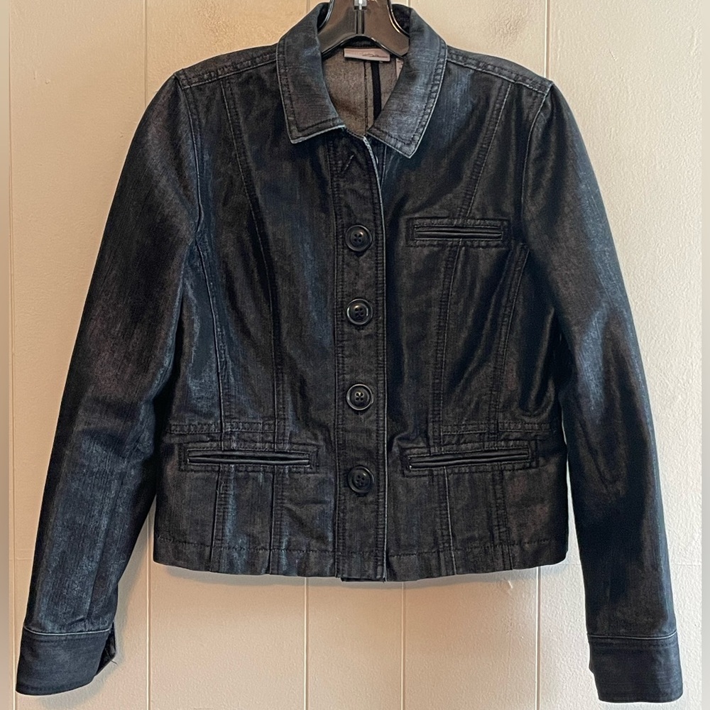 Chico’s Black Metallic Button Up Denim Jacket